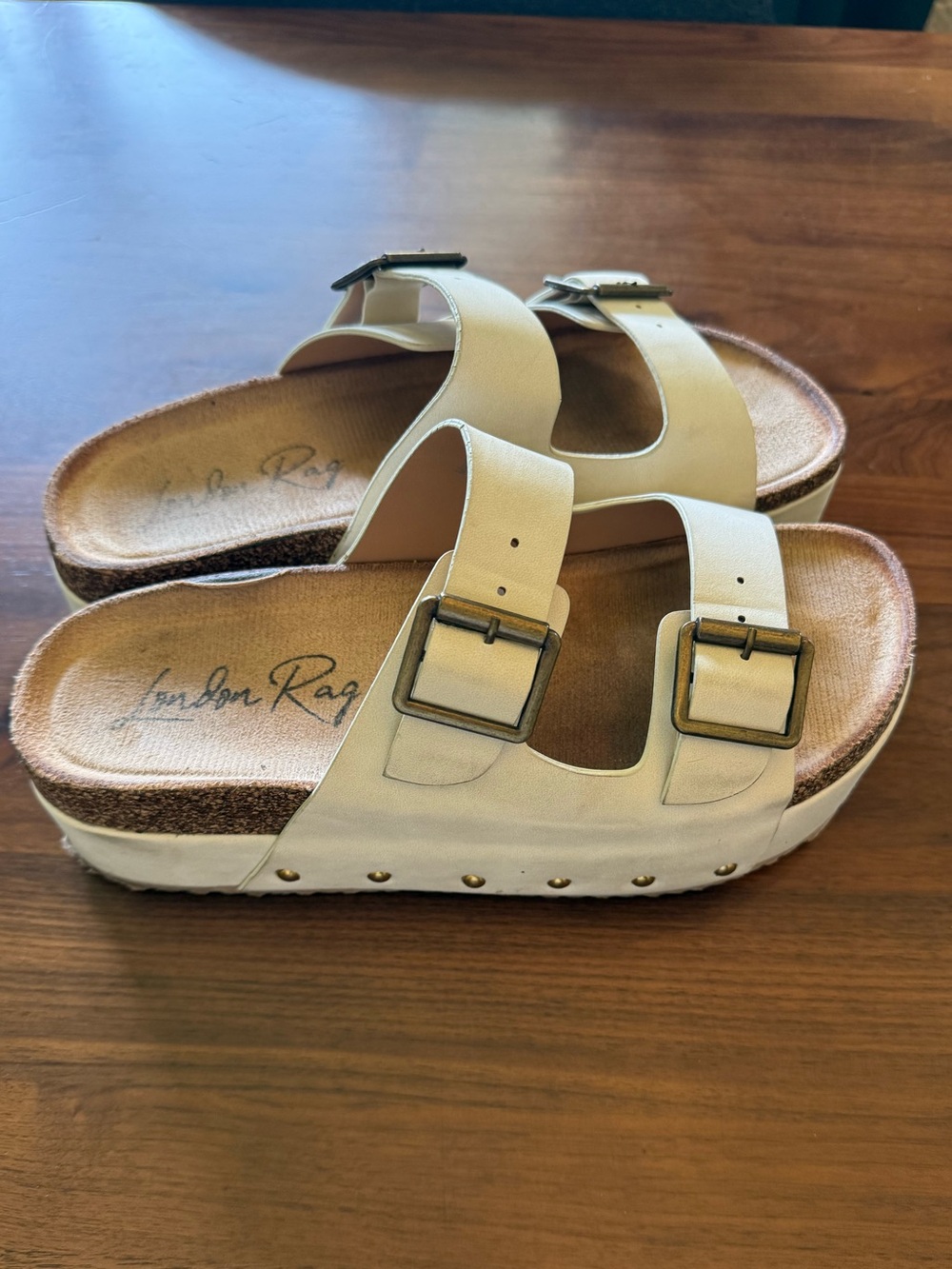 Neutral Cream Platform Slide Sandals with Double Buckle
